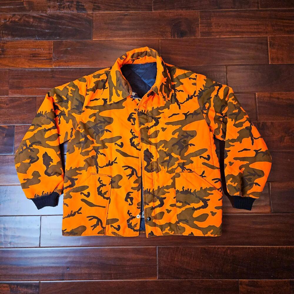 Insulated Hunters Orange Camo Jacket Men's Large Quilted Lining Cuffed Sleeves